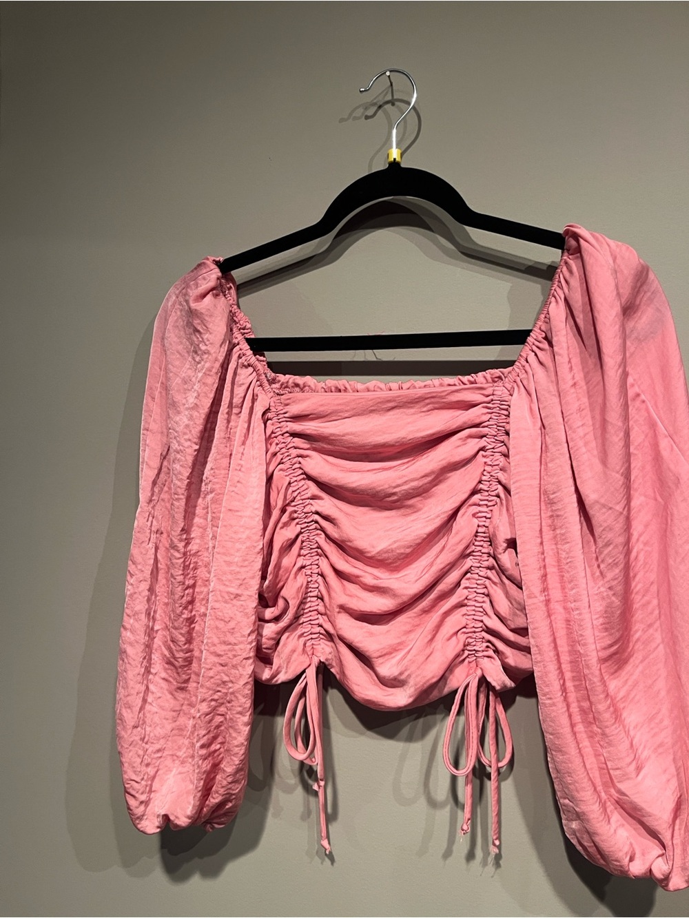 HYFVE Pink Ruched Peasant Top with Balloon Sleeves
